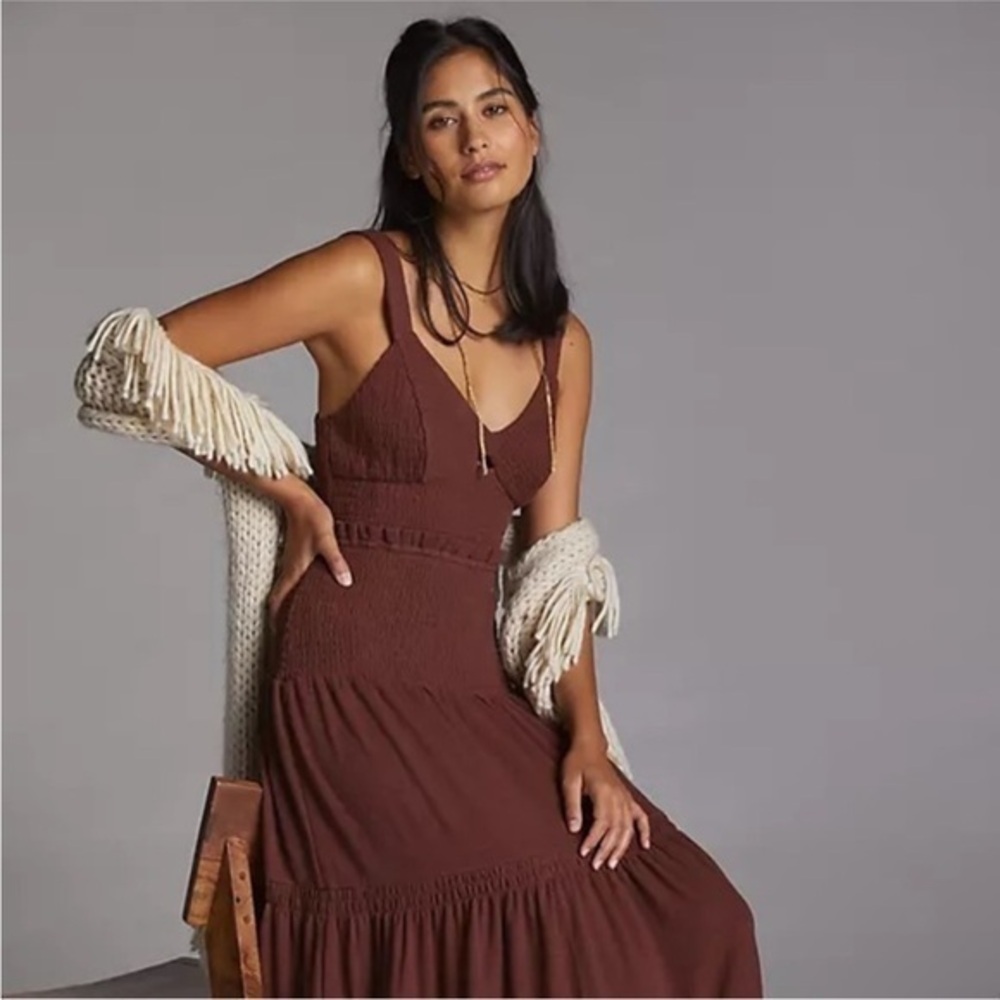 Anthropologie RUCHED TIERED MAXI DRESS Brown w Smocking XL